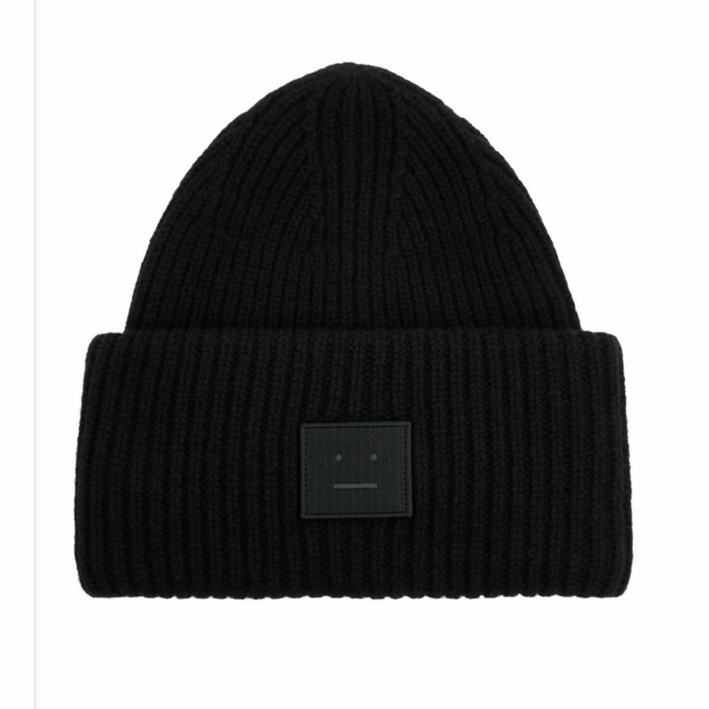 Black Ribbed Beanie with Smiley Patch - Women Accessories